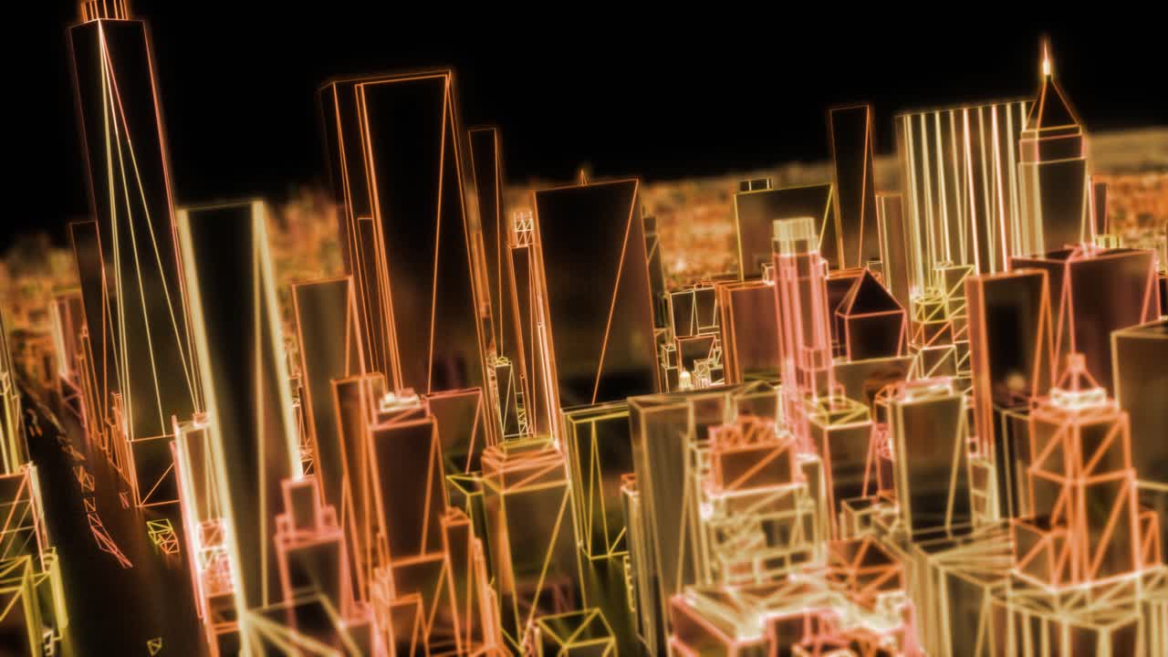 ciudad de neón brillante dof modelo de nueva york nyc flyover wireframe rascacielos de los años 80 4k