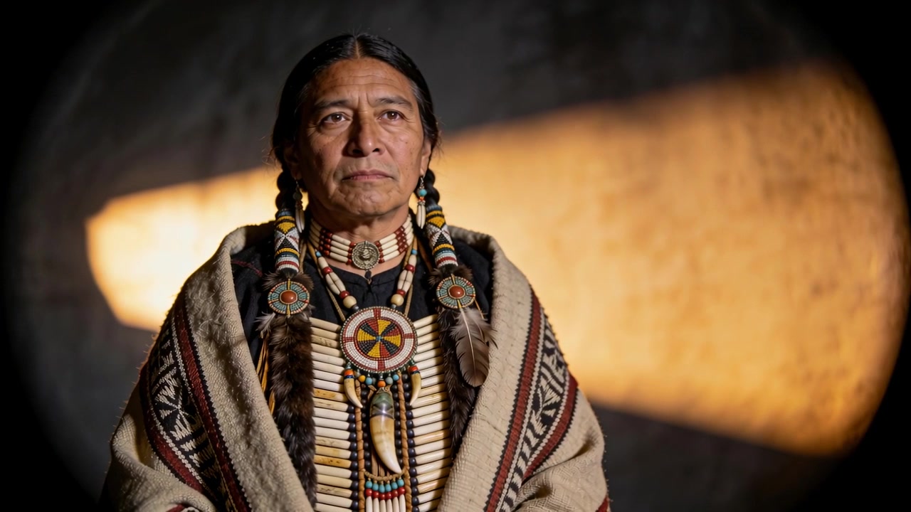 Die Kamera beginnt mit der Aufnahme eines indigenen Mannes, der im Studio für ein Porträt posiert und ein Medaillon sowie eine Brustplatte trägt.