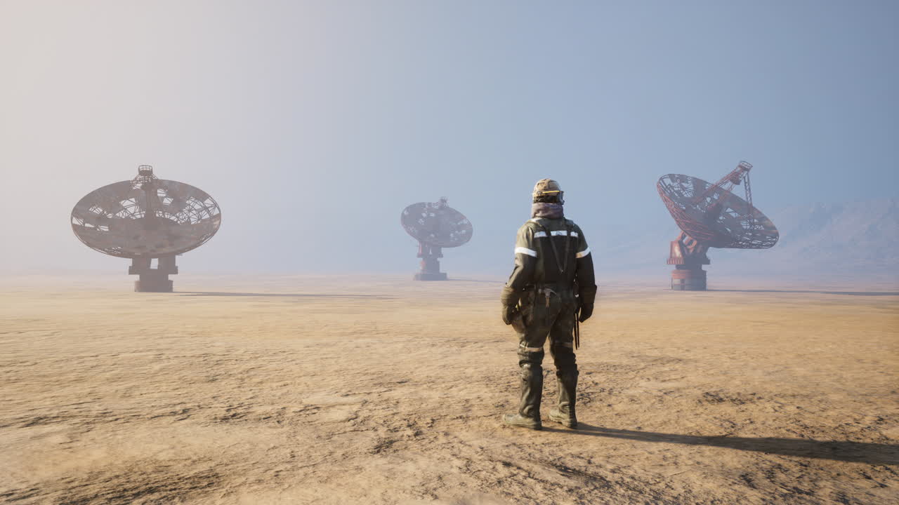 Worker standing in remote area with satellite dishes in foggy environment