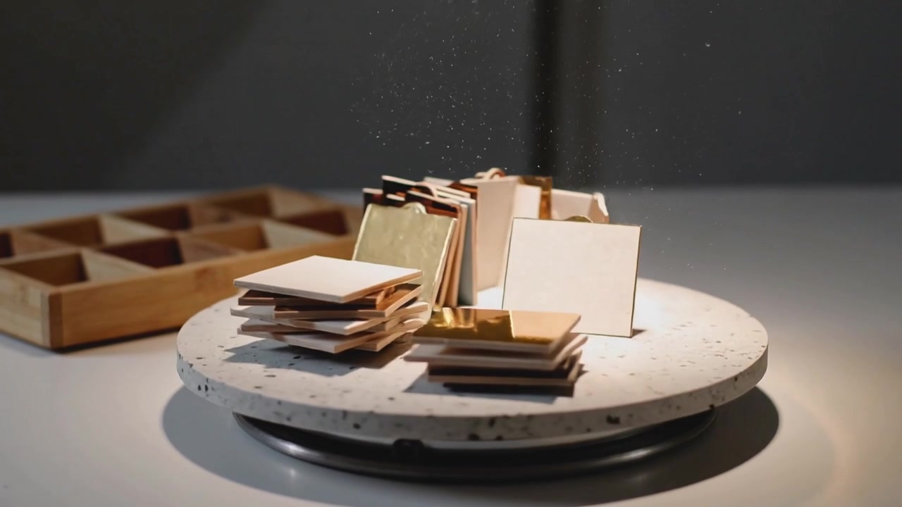 Rotating turntable nudging square and tented tiles to reveal shiny faces on table, tray left