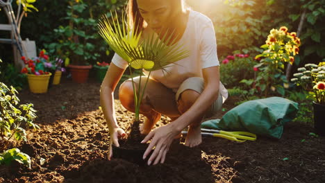 woman planting a palm tree in a garden