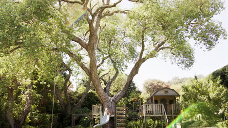 treehouse with slide and ladder in backyard, surrounded by lush greenery