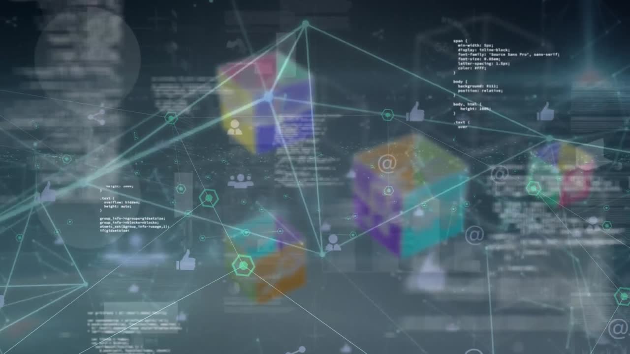 animación de la red de conexiones y cubos sobre el procesamiento de datos diversos en la pantalla