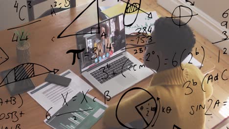 animation of mathematical equations over african american businesswoman on video call