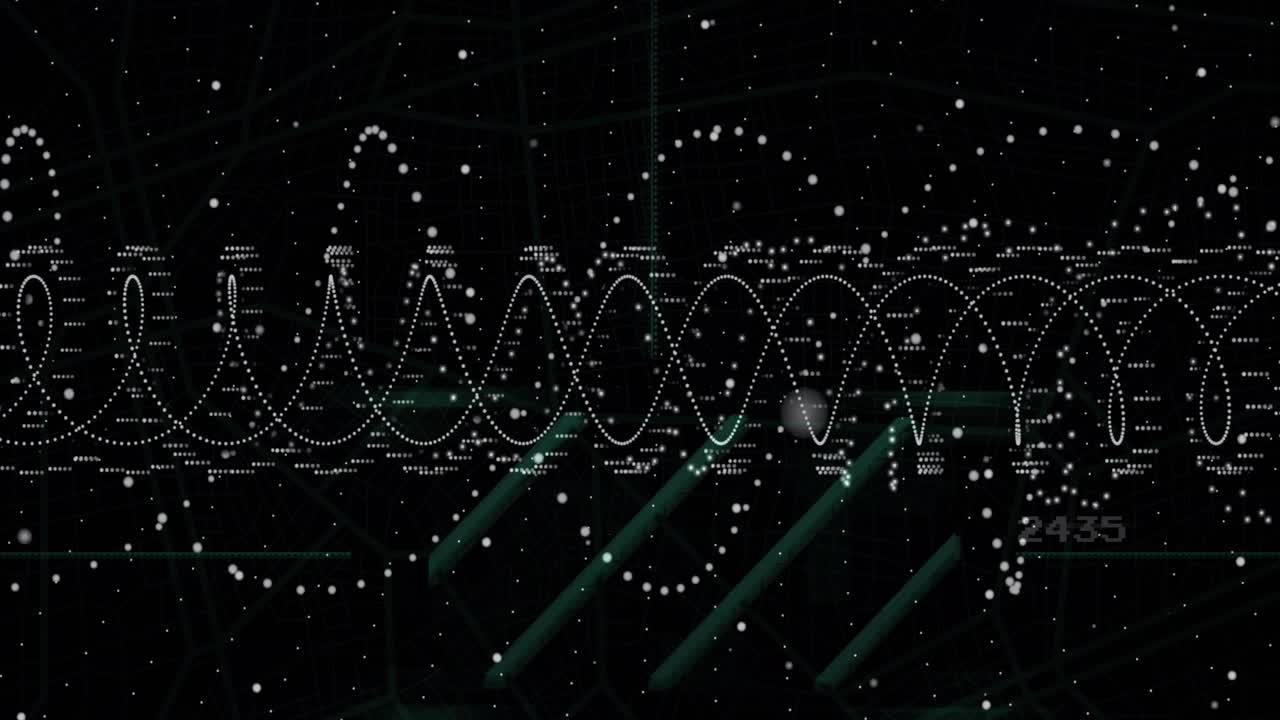Dotted sinusoidal waves flowing across digital interface, highlighting green grid lines and 2454