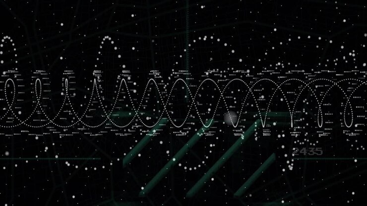 Onde sinusoidali puntinate scorrono attraverso un'interfaccia digitale, evidenziando linee di griglia verdi e 2454