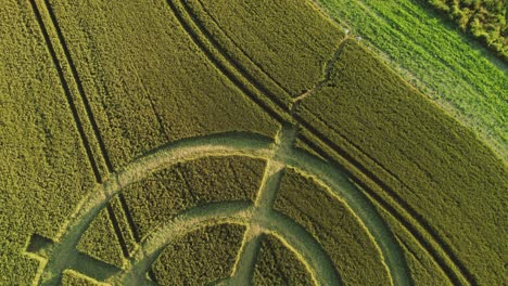 Hackpen-hill-mysterious-crop-circle-target-pattern-in-rural-grass-farmland-meadow-aerial-view-fast-reverse-over-countryside-landscape