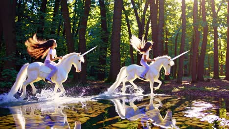 girls riding unicorns in a forest stream