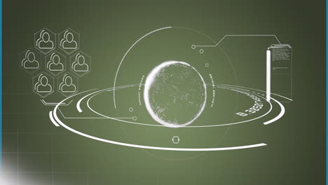 animation of data processing and scope scanning over globe on green background