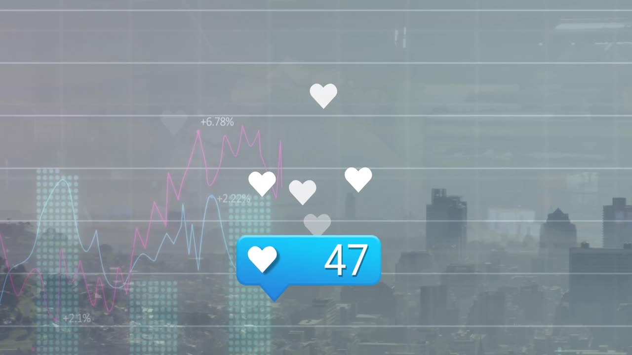 animación de iconos similares con números crecientes y procesamiento de datos estadísticos contra el paisaje urbano