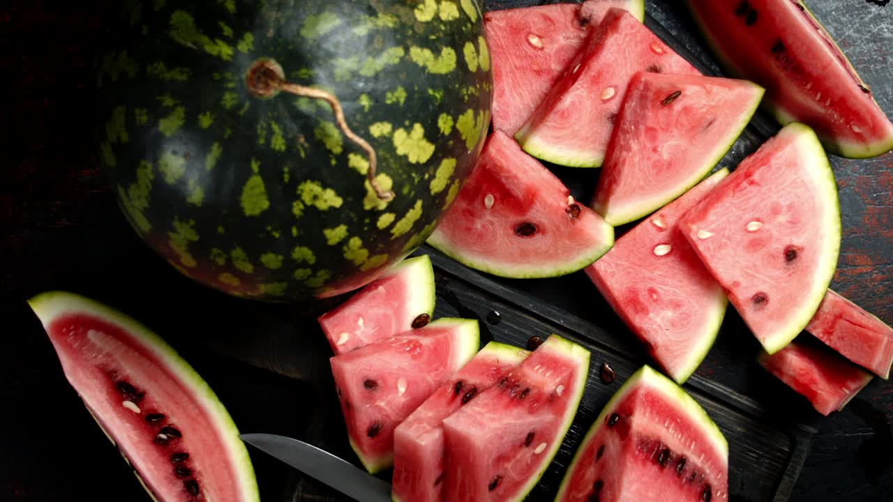 Sliced on cutting Board watermelon rotates slowly.