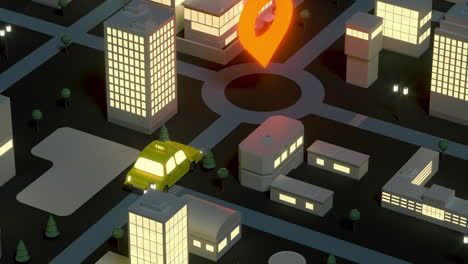 mini-city with glowing lights, a taxi driving on the street, 3d rendering.