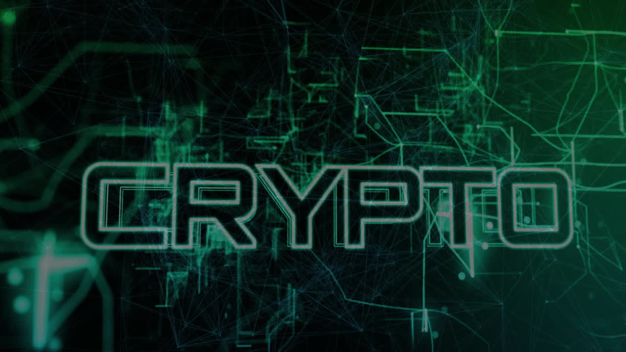 Crypto text being animated over dark circuit network with neon-green lines and nodes in flat design