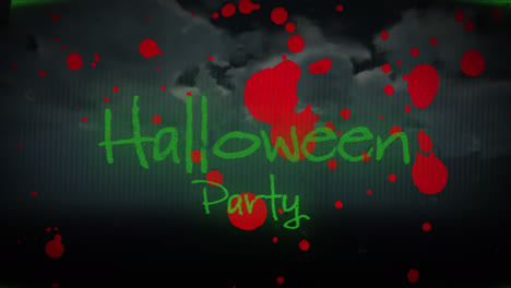 Animation-of-halloween-party-text-over-blood-stains-and-clouds-on-sky