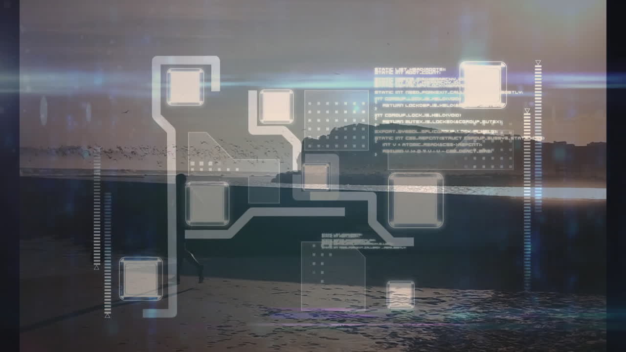 Digital interface animation overlaying serene ocean landscape during dusk time