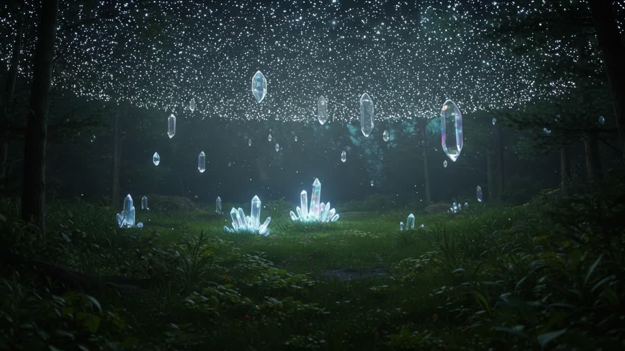 A Mystical Forest Scene Illuminated by Ethereal Crystals and Starry Skies, Creating a Dreamlike Atmosphere in Nature's Enchanting Realm