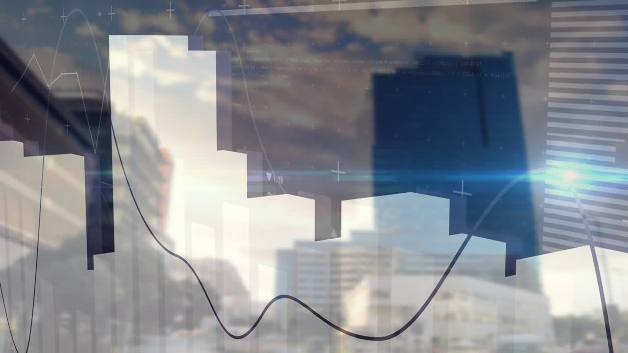 Blue flare sweeping starting overlay on skyline, bars morphing to white blocks, curve tracing trend