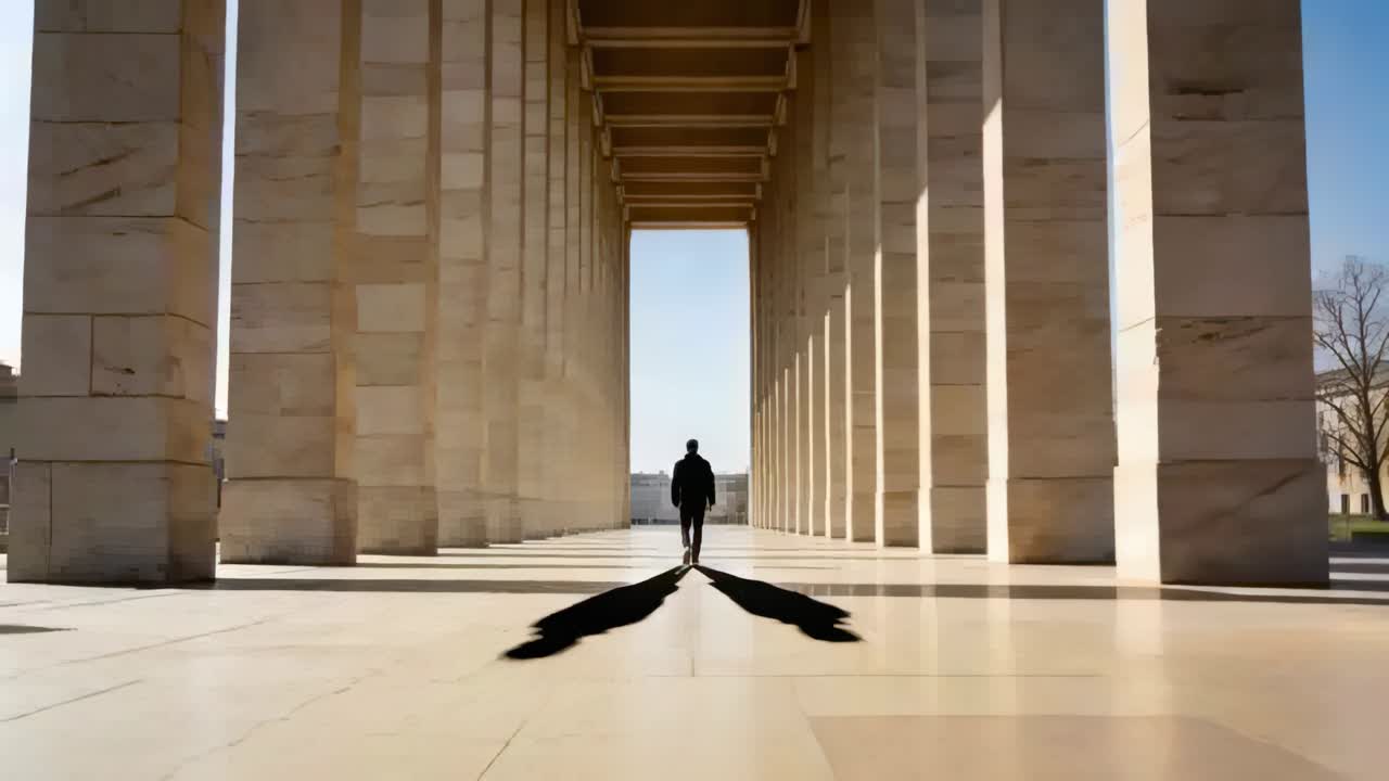 Walking man wearing dark coat moving down stone colonnade toward bright opening, with long shadows