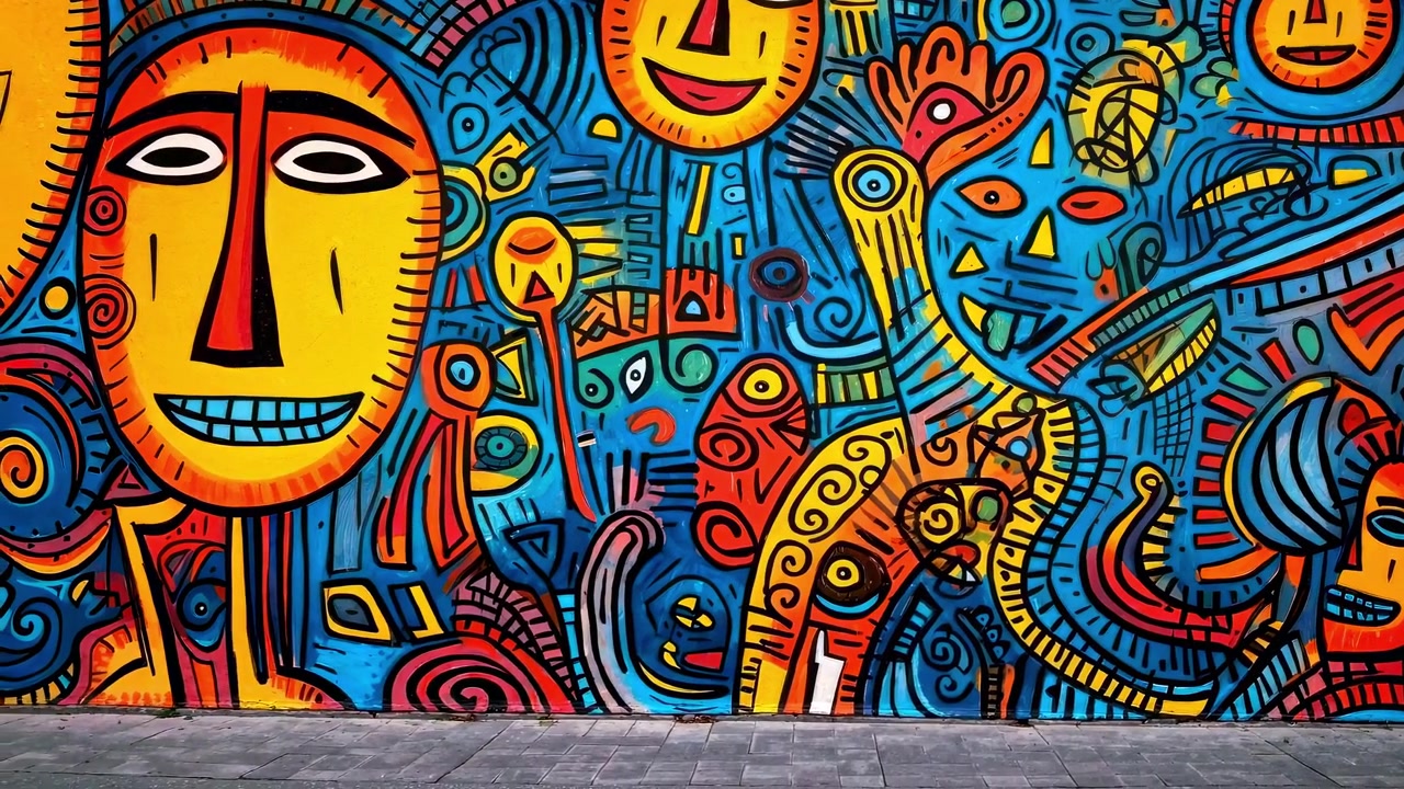 Murale astratto dinamico con colori vivaci e volti stilizzati