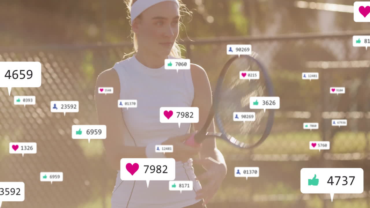 Woman playing tennis on sunset court, showing floating social media icons for marketing
