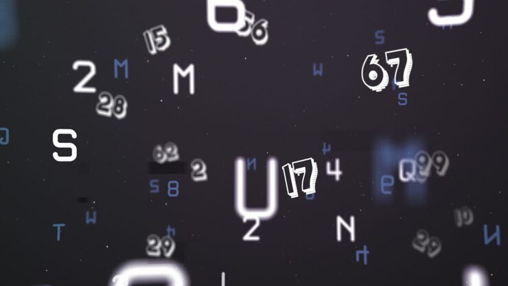 Animazione digitale di numeri e lettere in continuo cambiamento su sfondo nero.