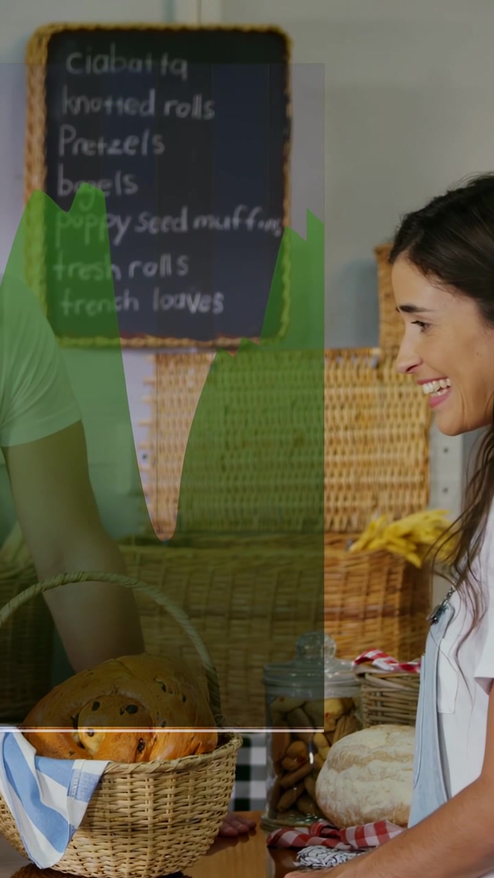 Mujer acercándose a panadería, inclinándose y seleccionando panes mientras una superposición de gráfico verde o rojo cubre la pantalla.