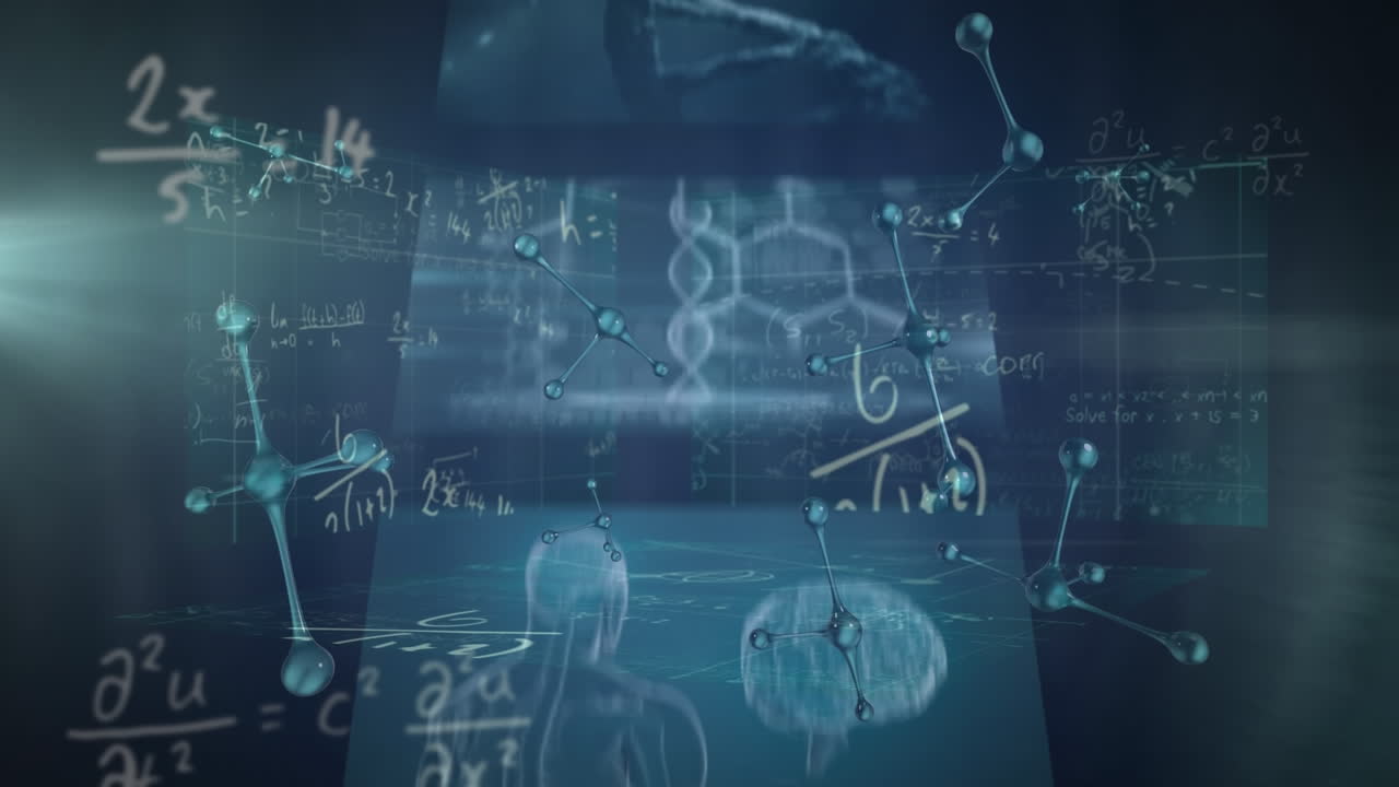 블랙 배경의 스크린에서 분자의 애니메이션과 과학 데이터 처리가