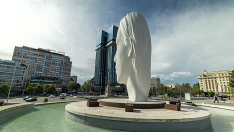 modern sculpture in a city plaza