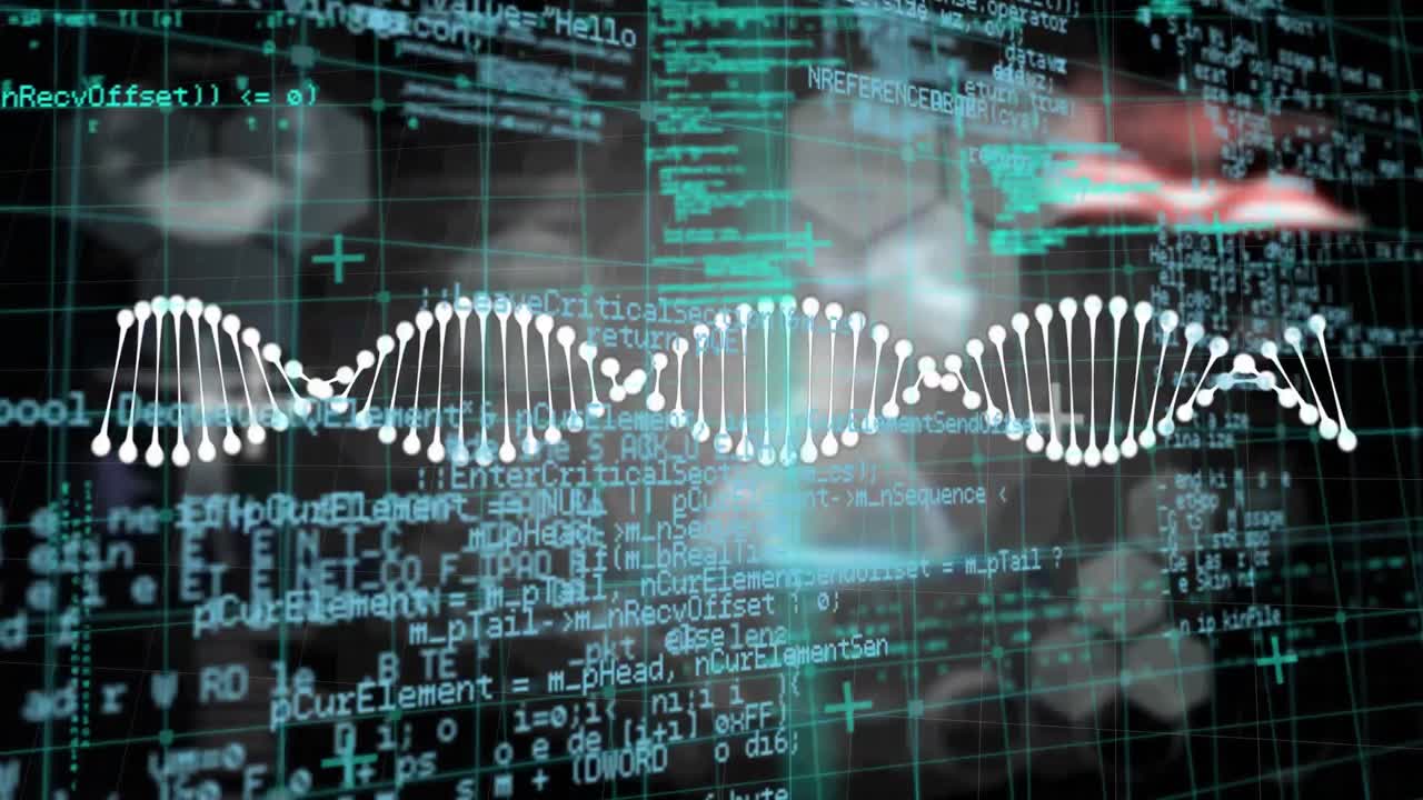 Animation of dna and chemical structures against data processing on black background