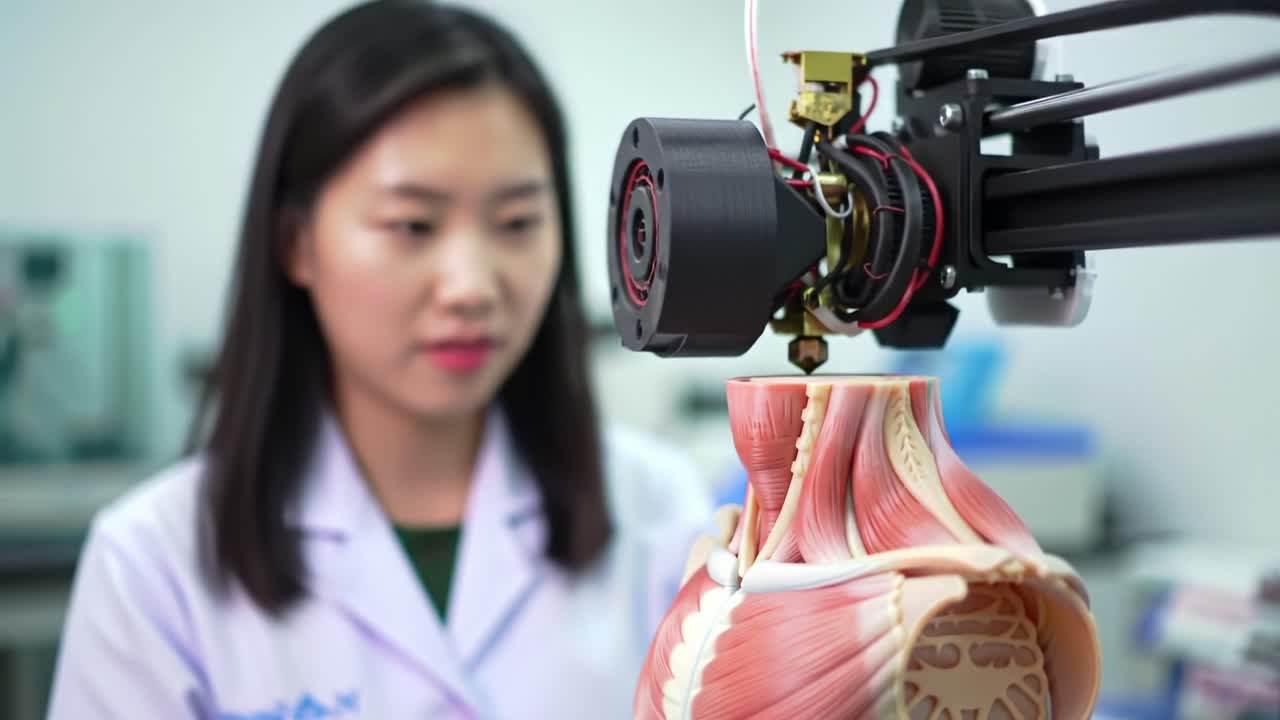 A dedicated researcher closely examines a 3D-printed human heart model, showcasing cutting-edge technology in anatomical education and medical innovation