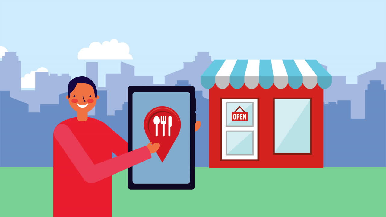 스마트폰과 레스토랑 전면을 가진 사업가 노동자