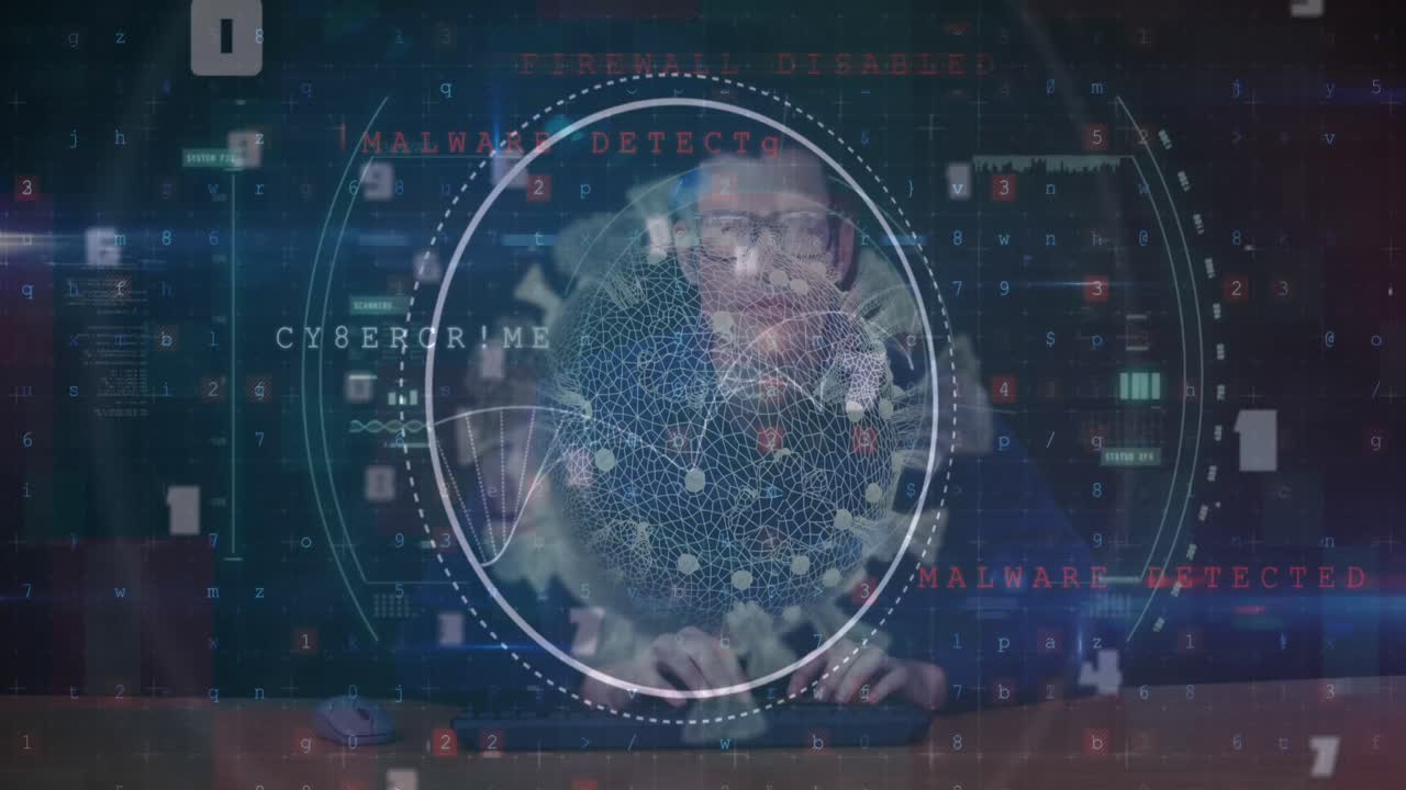 animación de escaneo de alcance y célula de virus sobre hombre caucásico usando computadora