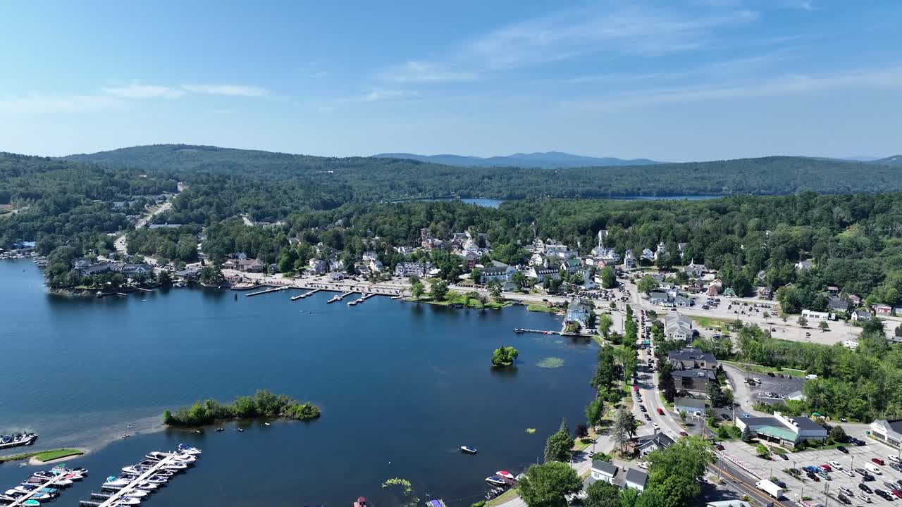 Drone view of a small New Hampshire town on Lake Winnipesaukee