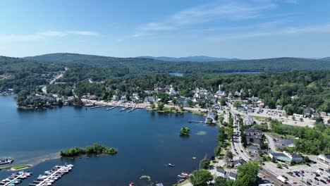 Drone view of a small New Hampshire town on Lake Winnipesaukee