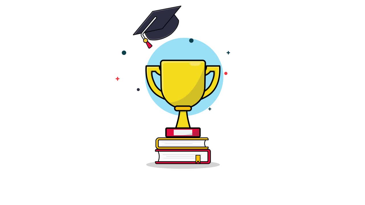 Animated Education Achievement Concept with Books, Trophy, and Graduation Cap
