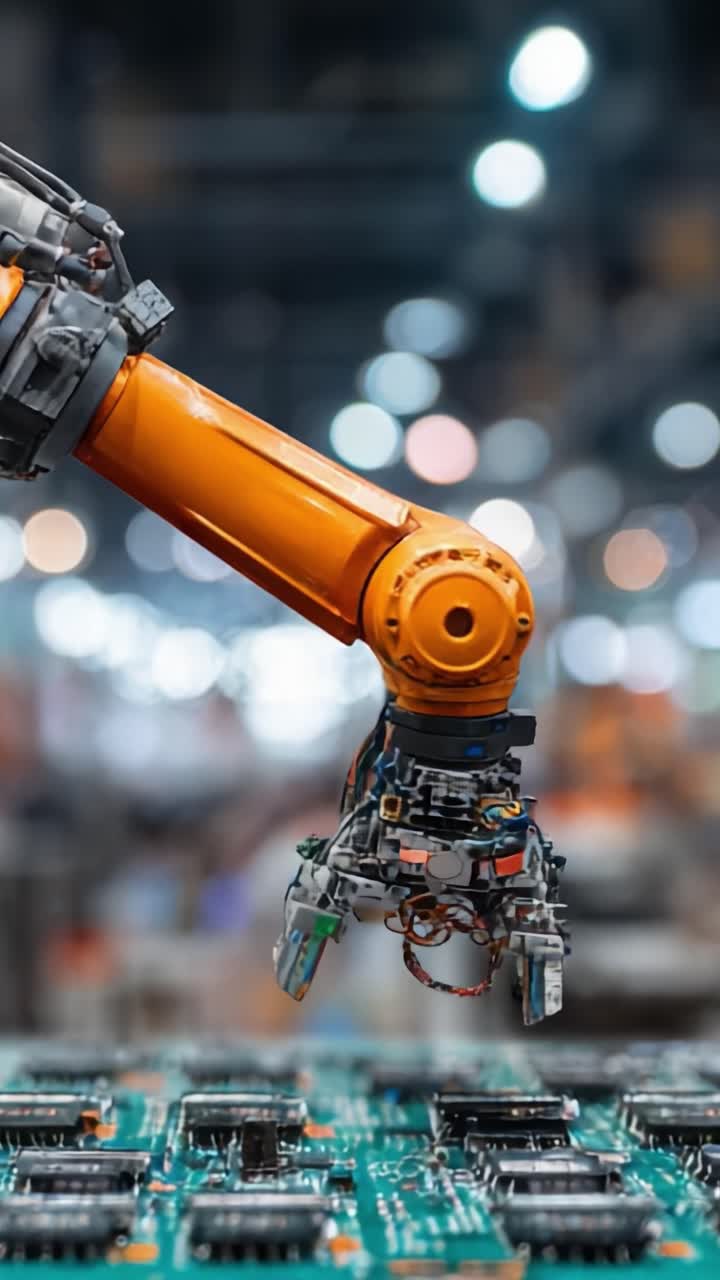 Avanceret robotarm samler elektroniske komponenter i et moderne produktionsanlæg, der viser præcision og automatisering i industrien