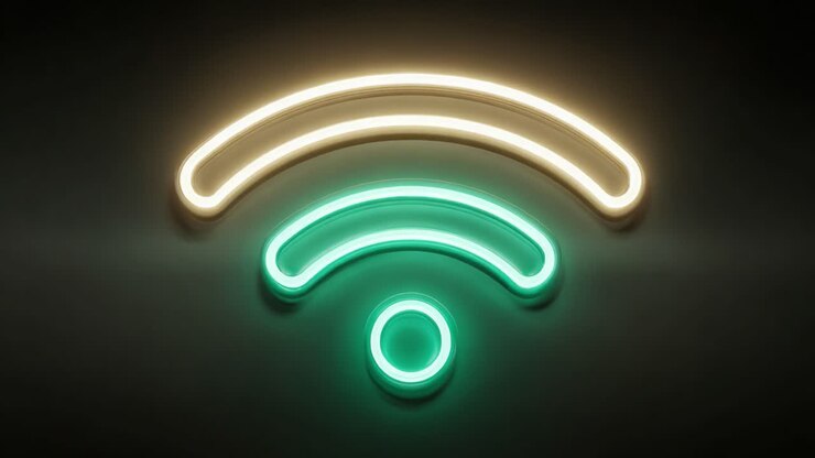 Un Vibrante Simbolo WiFi al Neon che Illumina la Connettività e la Tecnologia Moderna, Mostrando l'Evoluzione della Comunicazione Wireless nell'Era Digitale.