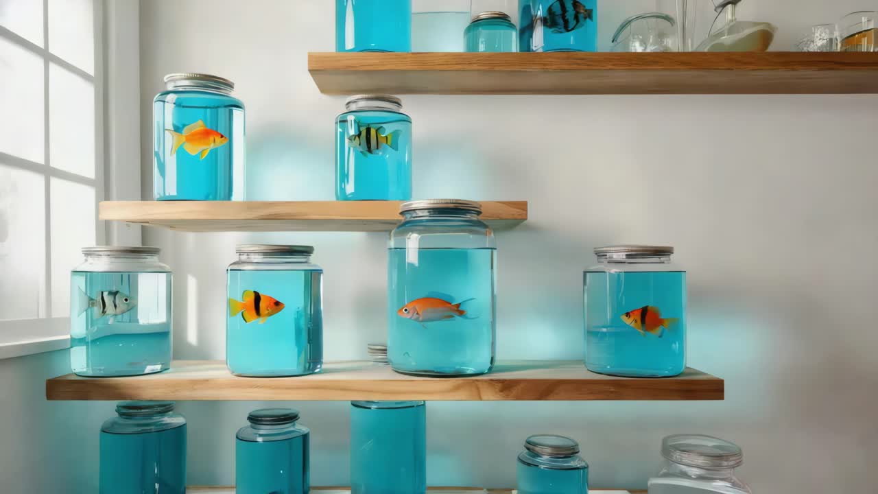 Fish in jars on shelves