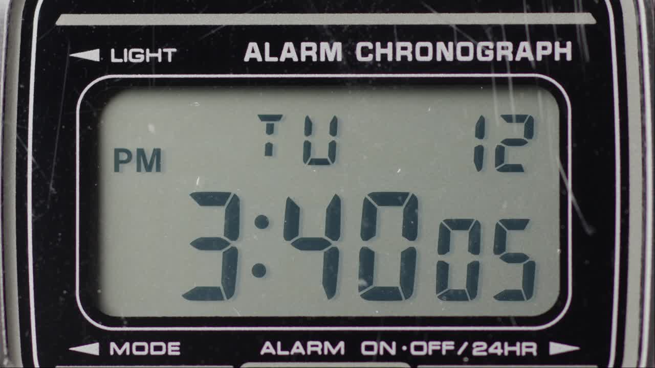 Digital Watch Alarm Clock, Close Up Of Time Numbers On Display Screen