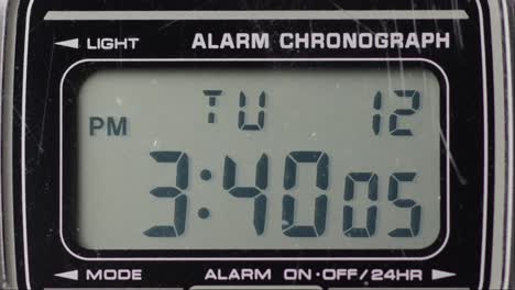 Digital-Watch-Alarm-Clock,-Close-Up-Of-Time-Numbers-On-Display-Screen