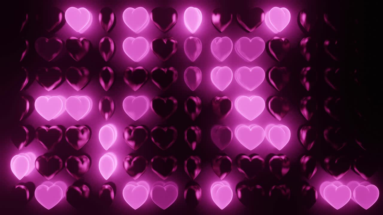 Cuori rosa 3D disposti in fila, i cuori si illuminano di rosa a caso nel buio.