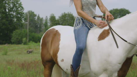 cowgirl mounting her adult pinto horse in a field