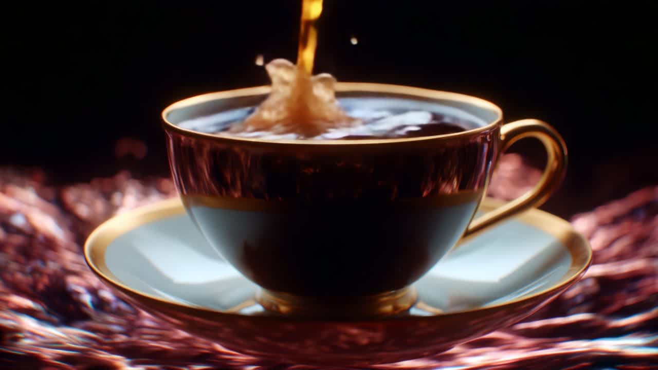 A mesmerizing sequence showcasing the elegant flow of liquid as it splashes into a delicate golden-rimmed tea cup, highlighting the art of beverage presentation amidst a vibrant backdrop