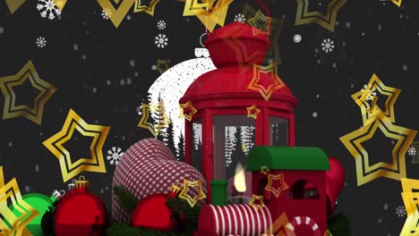 Animation-of-falling-red-snowflakes-and-christmas-lantern-over-dark-background