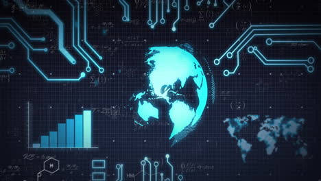 animation of digital world map with circuits and data charts for global technology