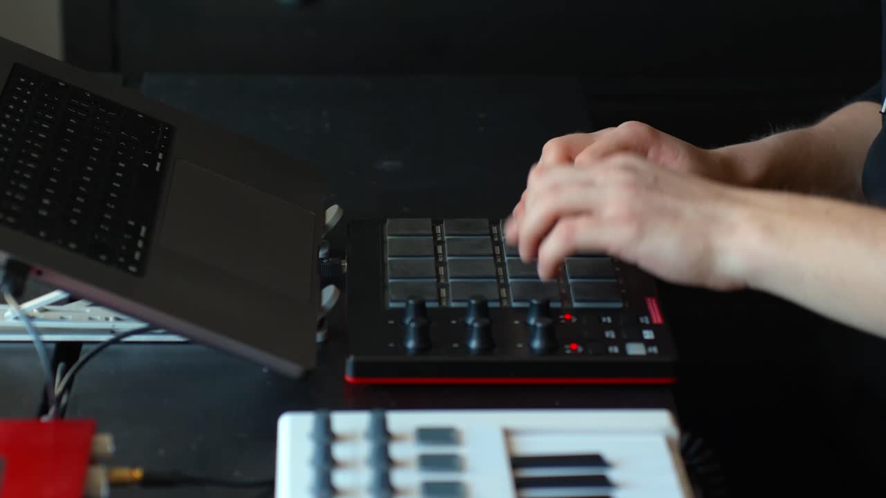 Music producer creating beats at home studio, hands playing drum machine pads with MIDI controller, composing electronic music, working with modern audio equipment and laptop, static shot
