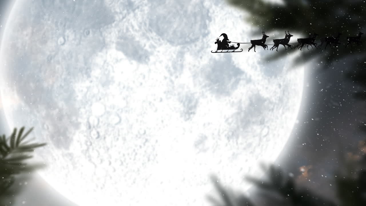 Animation of santa claus in sleigh with reindeer over snow falling and sky with moon