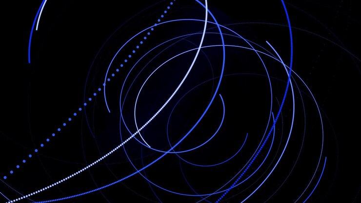 Sfondo di motion design con particelle fluide che formano linee, eliche e strutture astratte. Linee blu che turbinano a spirale volano lungo un percorso a spirale. Rendering 3D di uno sfondo astratto creativo ed elegante in 4K
