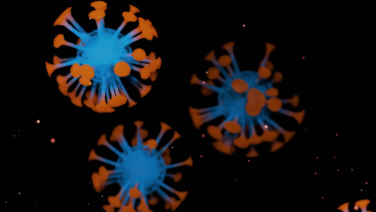 close-up coronavirus type covid-19, h1n1, bird flu or swine flu move smoothly in fluid 3d representation of virus as microbiological microscopic looped background. Orange blue gradient