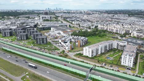 Wilanow,-Drone-aerial-photo-of-modern-residential-buildings-in-Wilanow-area-of-Warsaw,-Poland